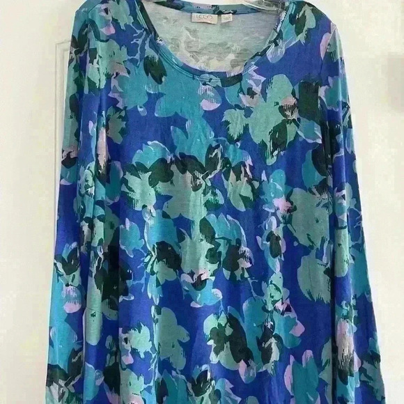 LOGO Lori Goldstein Top Blue Floral Tunic Long Sleeves Pockets Medium - Picture 1 of 4